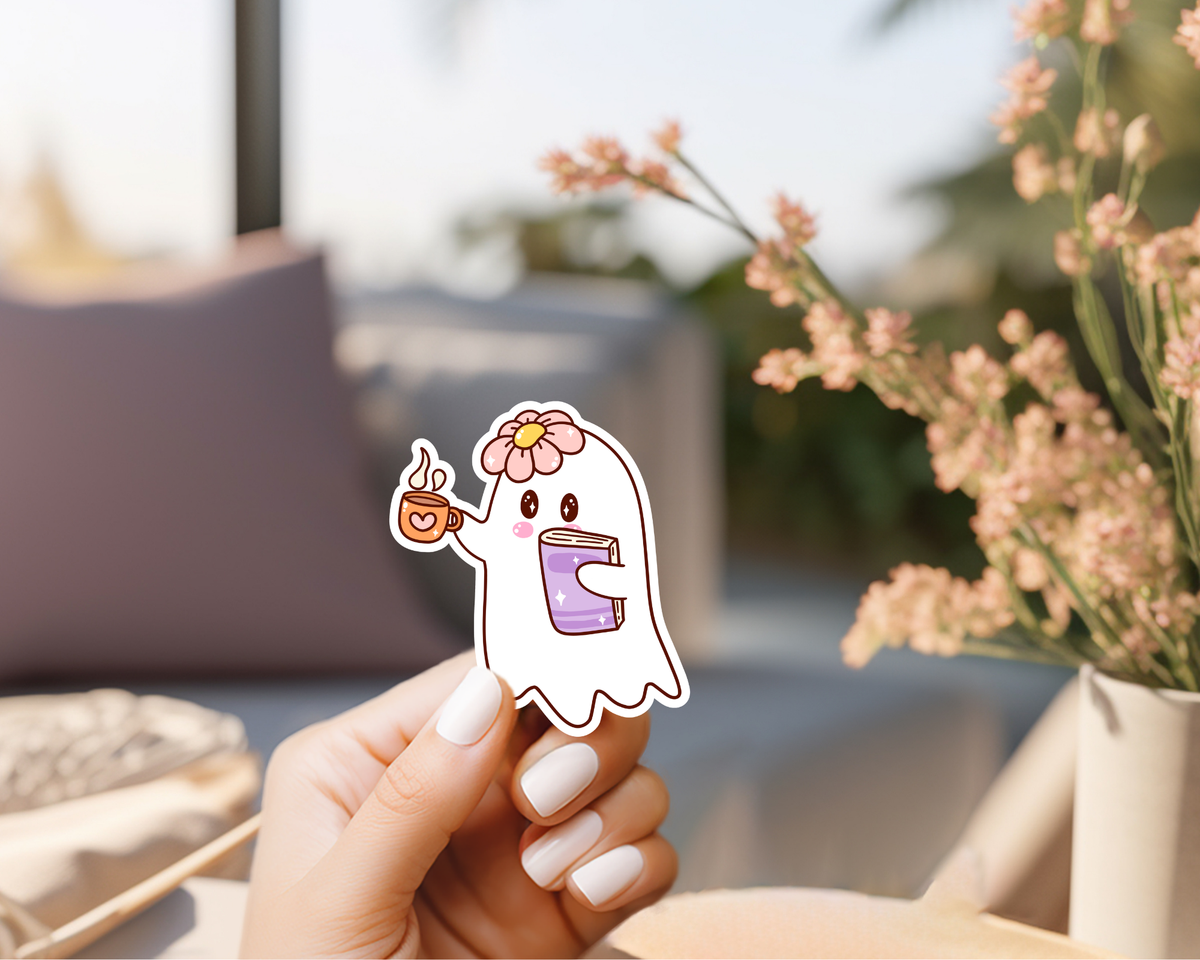 GHOST WITH BOOK AND COFFEE